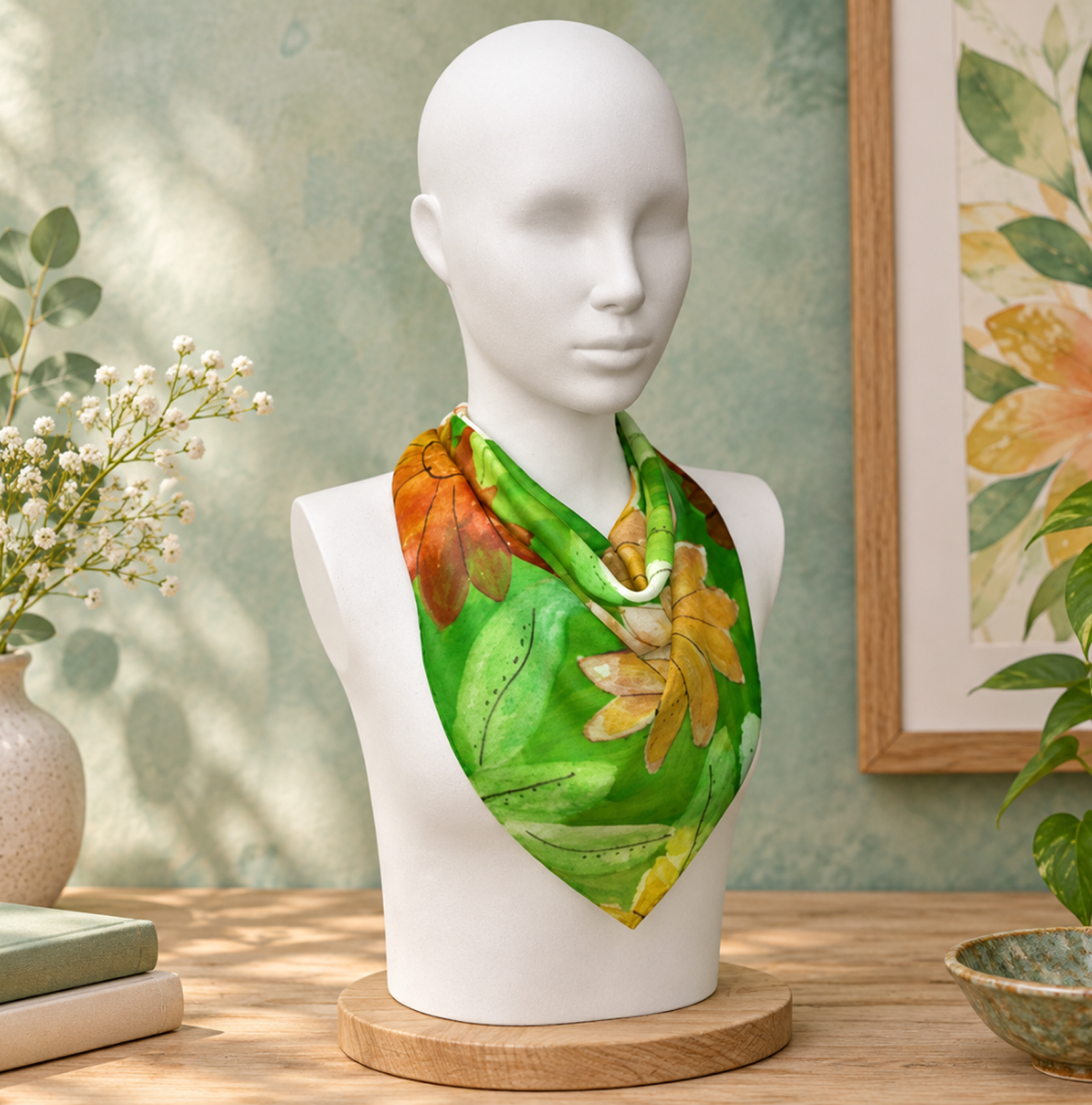 Hand-painted floral scarf on mannequin